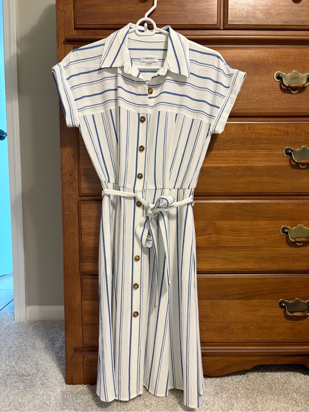 Calvin Klein White and Blue Striped Midi Shirt Dress